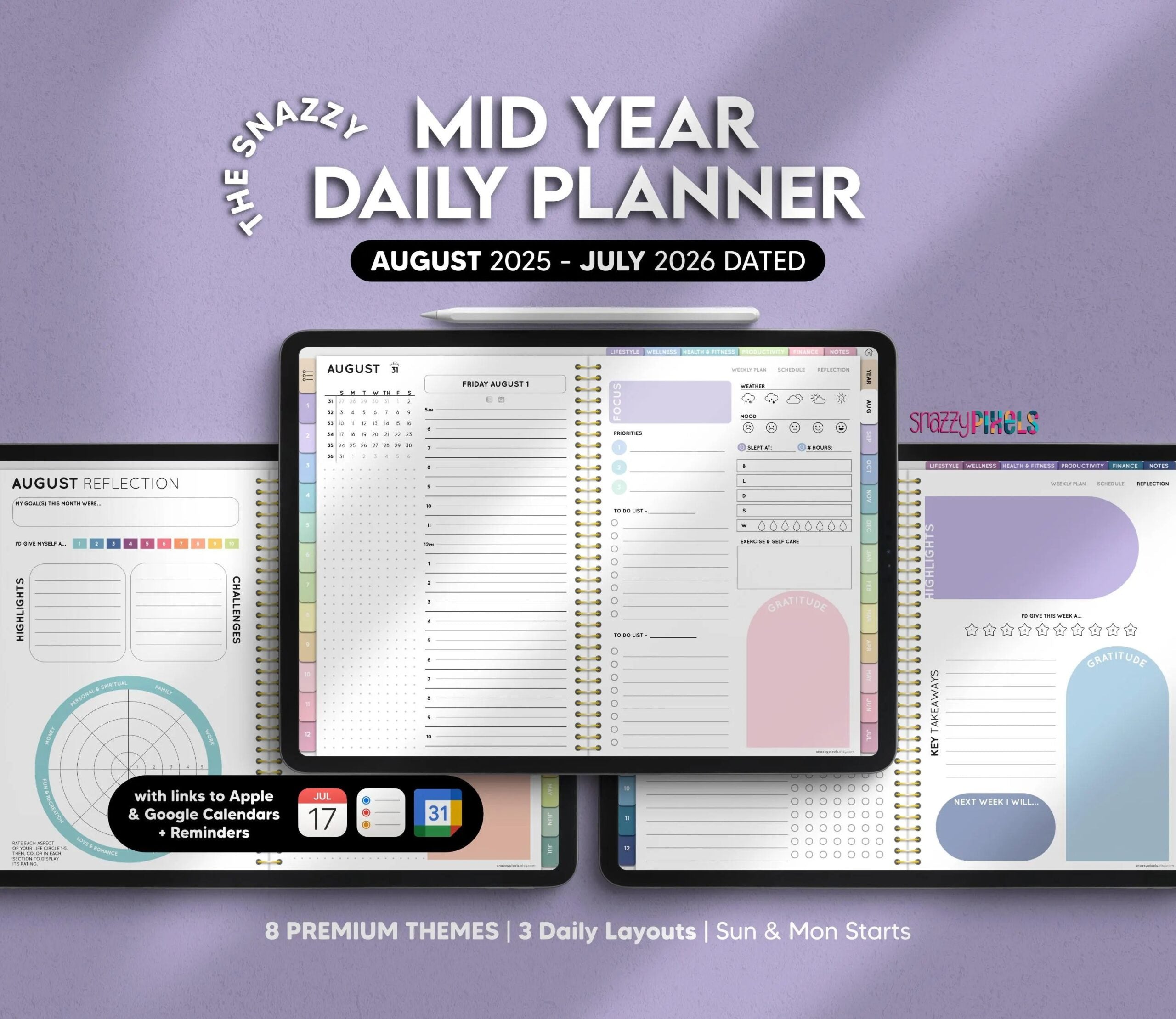 Agenda giornaliera digitale di metà anno AGOSTO 2025-LUGLIO 2026, Agenda digitale tutto in uno, per Goodnotes Notability